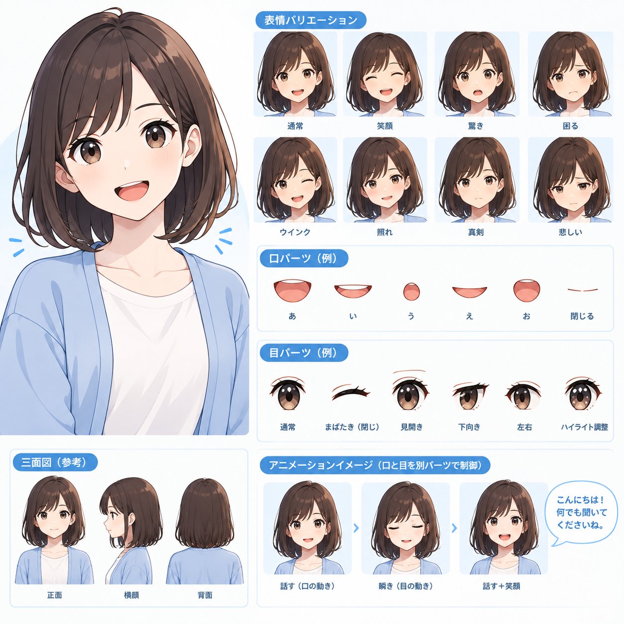 表情バリエーションのイメージ例（通常・笑顔・驚き・困る等）