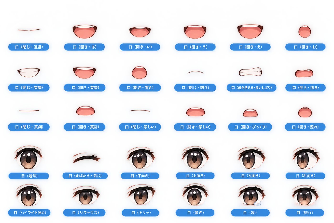 口・目パーツのバリエーションのイメージ例
